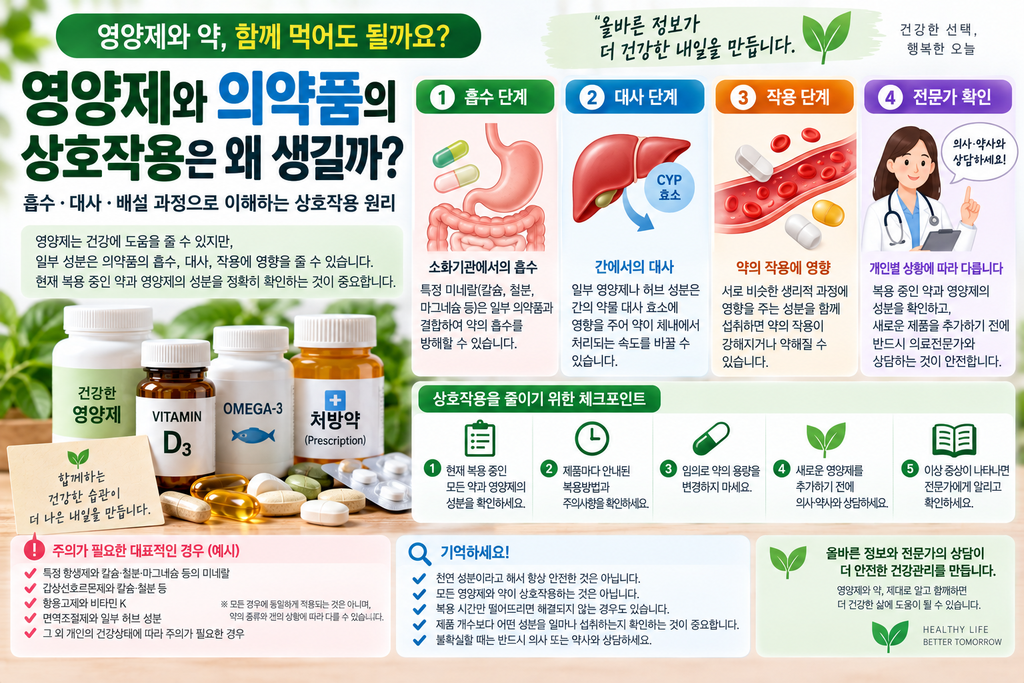 영양제와 약 같이 먹어도 될까? 흡수·대사·배설로 알아보는 상호작용 원리 1 image 36